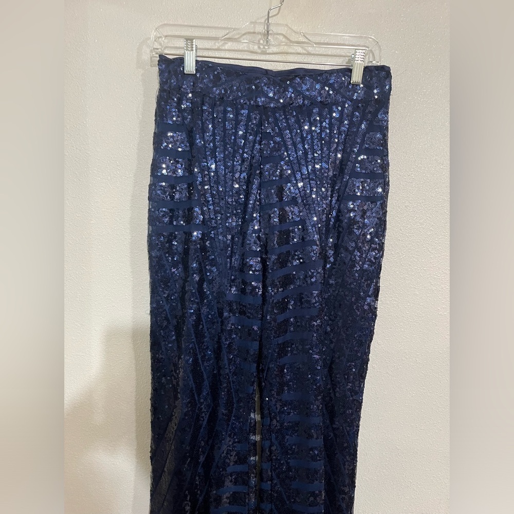 Unbranded navy blue sequin bootleg wide size L 95% polyester pants 11” boot size - Picture 2 of 5